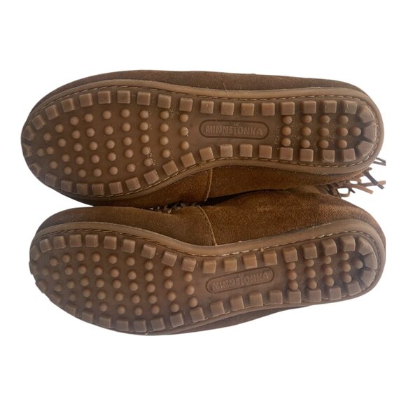 Minnetonka Brown Suede Leather Double Fringe Moccasin Boots Women's Size 6.5 - Picture 7 of 8